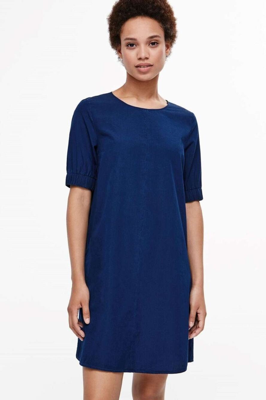 [COS] Blue Chambray Denim Half Sleeve Boat Neck Shift A-Line Mini Dress Size 6